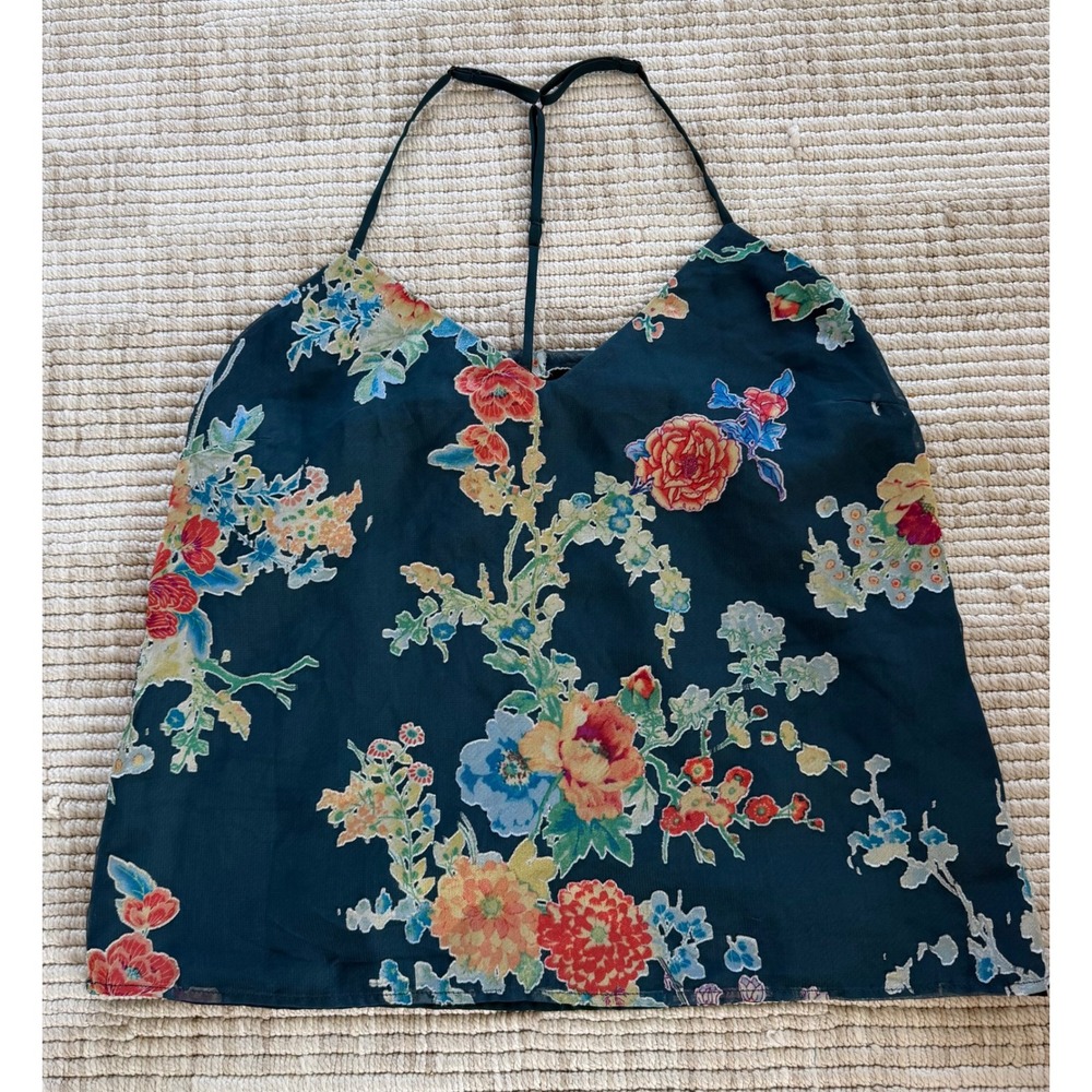 Socialite Floral T-Back Cami Top Teal Blue V-Neck WTP101227INR Size Medium
